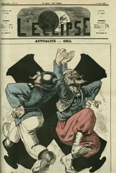 Actuales, soldado prusiano y francés bailando frente a los cañones de la guerra franco-prusiana. Portada en "L