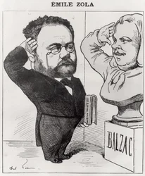 Caricatura de Emile Zola saludando un busto de Honoré de Balzac, 1878