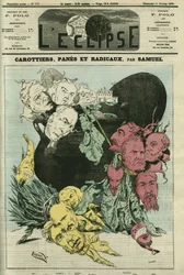 Zanahorias, panes y radicales, los diferentes partidos políticos en verduras en la olla del poder. Dibujo reemplazando la caricatura de Gill, censurada. Portada en 