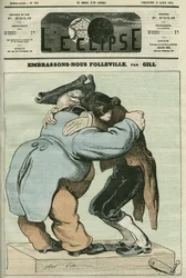 Caricatura "Nos besamos Folleville", vaudeville por Eugene Labiche (1815-1888) y Auguste Lefranc (1814-1878). Portada en "L