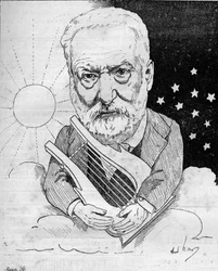 Caricatura de Victor Hugo (1802-1885), escritor francés, representado con una lira en una nube en el cielo entre el día y la noche. Dibujo de Andre Gill. Grabado en “Le Monde Illustré”