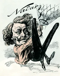 Caricatura de Felix Nadar, pionero de la fotografía aérea en 1858, aquí colgado de su globo (grabado)