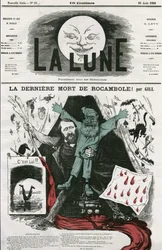 Caricatura de "La última muerte de Rocamole" y su autor, Pierre Alexis Ponson du Terrail (1829-1871). Caricatura de Gill, en "La Luna", 26 de agosto
