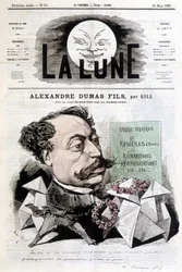 Dibujo cómico sobre Alexandre Dumas Fils por Gill. Portada de “La Lune” del 24/03/1867
