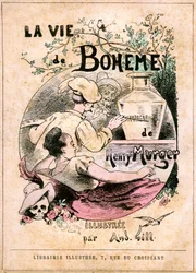 Portada del libro “La vida de Bohemia” de Henry Murger: pintor pintando la palabra “champán” en un jarrón, frente a una joven