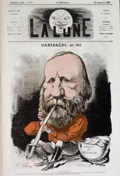 Giuseppe Garibaldi (1807-1882), himno a la paz - por Gill, en “La Luna” del 22/09/1867