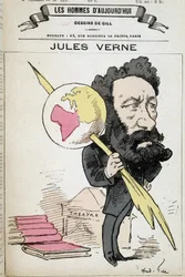 Jules Verne pellizcando la tierra con su pluma - por Gill, en "Los hombres de hoy"