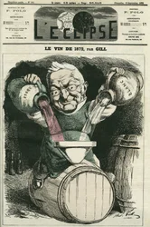 El vino de 1872, ilustración de Adolphe Thiers mezclando vino blanco y tinto (1797-1877), historiador y estadista francés. Portada en "L