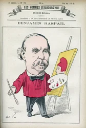 Retrato de Benjamin Raspail (1823-1899), pintor y político francés que promovió la ley que convirtió el 14 de julio en fiesta nacional. Caricatura de Gill, París.