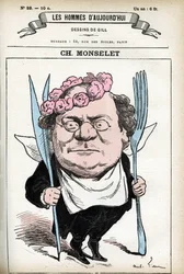 Retrato de Charles Monselet (1825-1888), poeta, periodista, novelista y gastrónomo francés. Caricatura por Gill, en "Les Homme d
