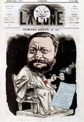 Retrato de Edmond About, escritor francés (1828-1885). En La lune, 25/08/1867. Caricatura de Gill.