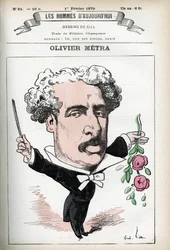 Retrato de Olivier Metra (1830-1889), actor francés, compositor popular. Caricatura por Gill, en “Les Homme d