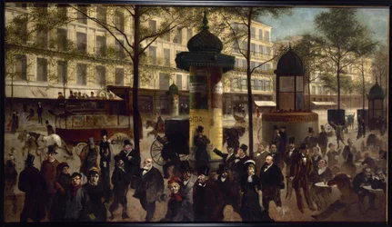 Boceto de una panorámica del bulevar Montmartre con personajes parisinos contemporáneos, hacia 1880 (óleo sobre lienzo)
