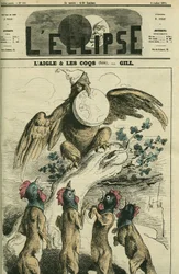 El águila y los gallos, según la fábula, el águila napoleónica sostiene a Francia en su pico lista para soltarla a los zorros con cabeza de gallo. Portada en 