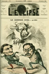 El último duelo, Prospero-Olivier ranas (Prosper Olivier) Lissagaray (1838-1901) y Paul Granier de Cassagnac (1842-1904) queriendo ser tan grandes como el buey, representando a Alfred de Musset y Victor Hugo. Portada en 