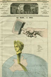El clavo, una caricatura sobre la República que ilustra una cita de Alexandre Dumas Fils: "Las opiniones son como clavos. Cuanto más los golpeas, más los golpeas." Portada en "L