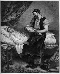 El nuevo (recién nacido). Grabado después de la pintura de Andre Gill (1840-1885) en "El Mundo Ilustre" n°1283 del 29 de octubre