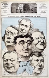 Los retratos de Léonce, Berthelier, Poppy Cadet, Dupuis, Pradeau y Baron, autores de teatro. Caricatura de Gill en "L