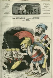 La situación, caricatura de Adolphe Thiers (1797-1877) y Leon Gambetta (1838-1882) dando un ministerio a perros realistas y bonapartistas. Portada en “L