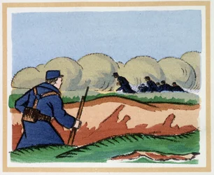 22 de abril de 1915: Los alemanes utilizan gases asfixiantes - en "El libro de las horas heroicas 1914/1918"" por Andre Helle (1871-1945)