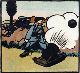 Primera Guerra Mundial 1914-1918 (14-18): Lanzabombas. Un soldado francés lanza bombas al enemigo con un cañón. Grabado en "Alfabeto de la Gran Guerra 1914-1916 (para los hijos de nuestros soldados)". Ediciones Berger-Levrault