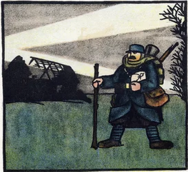 Primera Guerra Mundial 1914-1918 (14-18): Peludo. Retrato de un soldado del ejército francés en uniforme militar con mochila, bolsa y fusil. Grabado en "Abecedario de la Gran Guerra 1914-1916 (para los hijos de nuestros soldados)". Ediciones Berger-Levraul