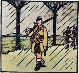 Primera Guerra Mundial 1914-1918 (14-18): Highlander. Los soldados de Escocia vinieron a ayudar al ejército francés. Su uniforme militar consiste en una falda escocesa. Grabado en "Alfabeto de la Gran Guerra 1914-1916 (para los hijos de nuestros soldados)"