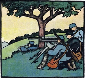 Primera Guerra Mundial 1914-1918 (14-18): Soldados del ejército francés utilizando ametralladoras en los campos de batalla. Grabado en "Alfabeto de la Gran Guerra 1914-1916 (para los hijos de nuestros soldados)". Ediciones Berger-Levrault