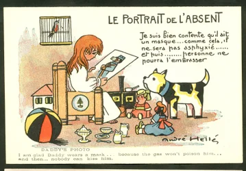 Postal, Satírica en color: El retrato del ausente - Guerra de los 14 -18, Ilustración infantil de André Helle (1875-1945)