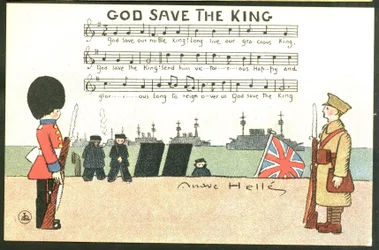 Postal, Satírica en Colores: God save de king - Guerra del 14 -18, Inglaterra Gran Bretaña, Cantando - Soldados Ilustración de Andre Helle (1875-1945)