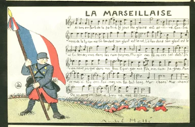 Tarjeta Postal, Satírica en Colores: La Marsellesa - Guerra del 14 -18, Marsellesa, Ilustración cantada de André Helle (1875-1945)