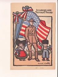 Tarjeta postal, satírica en colores: Le grand ami el gran amigo - Guerra del 14 -18, América, Alsacia Lorena Ilustración de André Helle (1875-1945)