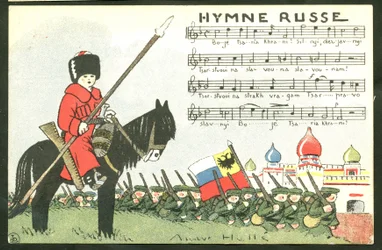 Postal, Satírica en Colores: Himno Ruso - Guerra del 14 -18, Rusia, Cantando - Soldados Ilustración de Andre Helle (1875-1945)