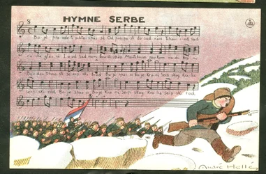 Postal, satírica en colores: Himno serbio - Guerra del 14-18, Canción, Serbia - Soldados Ilustración de André Helle (1875-1945)