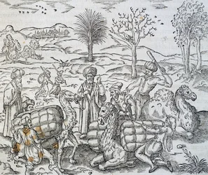 Comerciantes árabes en Siria, grabado de Cosmología Universal, por Andre Thevet