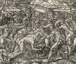 Batalla entre las tribus Margageaz y Tabajares, grabado de Cosmología Universal, por André Thevet (1504-1592)