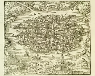 Ciudad de Quinsai (ahora Tianjin), grabado de La Cosmographie Universelle (Cosmografía Universal) por André Thevet