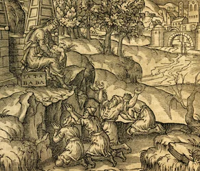 Fiel adorando a la diosa Tata Baba en la región de Moscovia, grabado de Cosmographie Universelle, por André Thevet (1504-1592), París