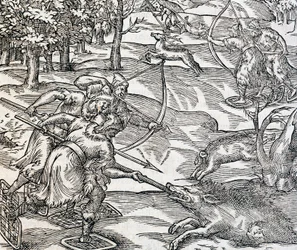 Indios cazando jabalíes, grabado de Cosmología Universal, por André Thevet, París