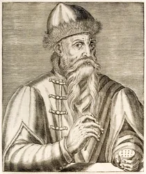 Johannes Gutenberg: inventor alemán cuya invención de la imprenta de tipos móviles inició la revolución de la impresión, de True Portraits por André Thévet publicado en 1584