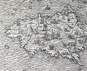 Mapa de Sumatra, grabado por Andre Thevet, París, Francia