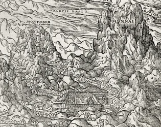 Región montañosa del Sinaí, grabado por Andre Thevet (1504-1592), París, Francia
