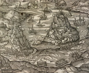 Batalla naval cerca de la isla Le Pignon, grabado de Cosmographie universelle, por André Thevet (1504-1592), París