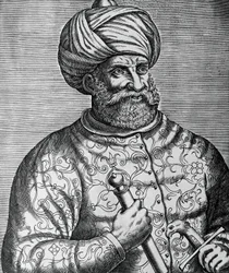 Retrato de Khayr al-Din, conocido como Barbarroja, corsario y almirante turco, grabado de Andre Thevet