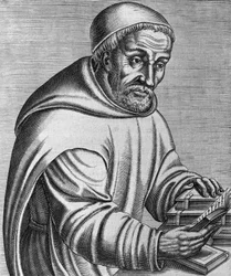 Retrato de Rabanus Maurus Magnentius, monje benedictino y teólogo alemán, grabado de Les vrais pourtraits et vies des hommes illustres grecz, latins et payens, por Andre Thevet
