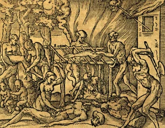 Tribu de caníbales Tupinamba en Brasil, grabado de Les singularitez de la France antarctique, de Andre