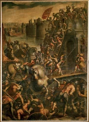 El dux de Venecia Enrico Dandolo y sus cruzados asaltando la ciudad de Zara en 1202 (óleo sobre lienzo)