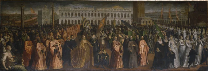 La dogaressa Marina Morosini-Grimani sale del Palazzo Grimani para su coronación en el Palacio Ducal de Venecia
