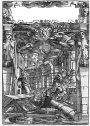 Placa tomada del libro “De architectura”, trata sobre la arquitectura de Marcus Vitrubius Pollio llamado Vitruvio (siglo I a.C.), arquitecto romano. Edición italiana de 1556. Grabado según dibujo de Palladio