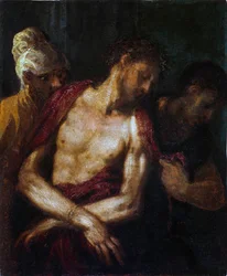 Ecce Homo par Schiavone, Andrea (ca. 1520-1582). Óleo sobre madera, medidas : 34,9x31,4